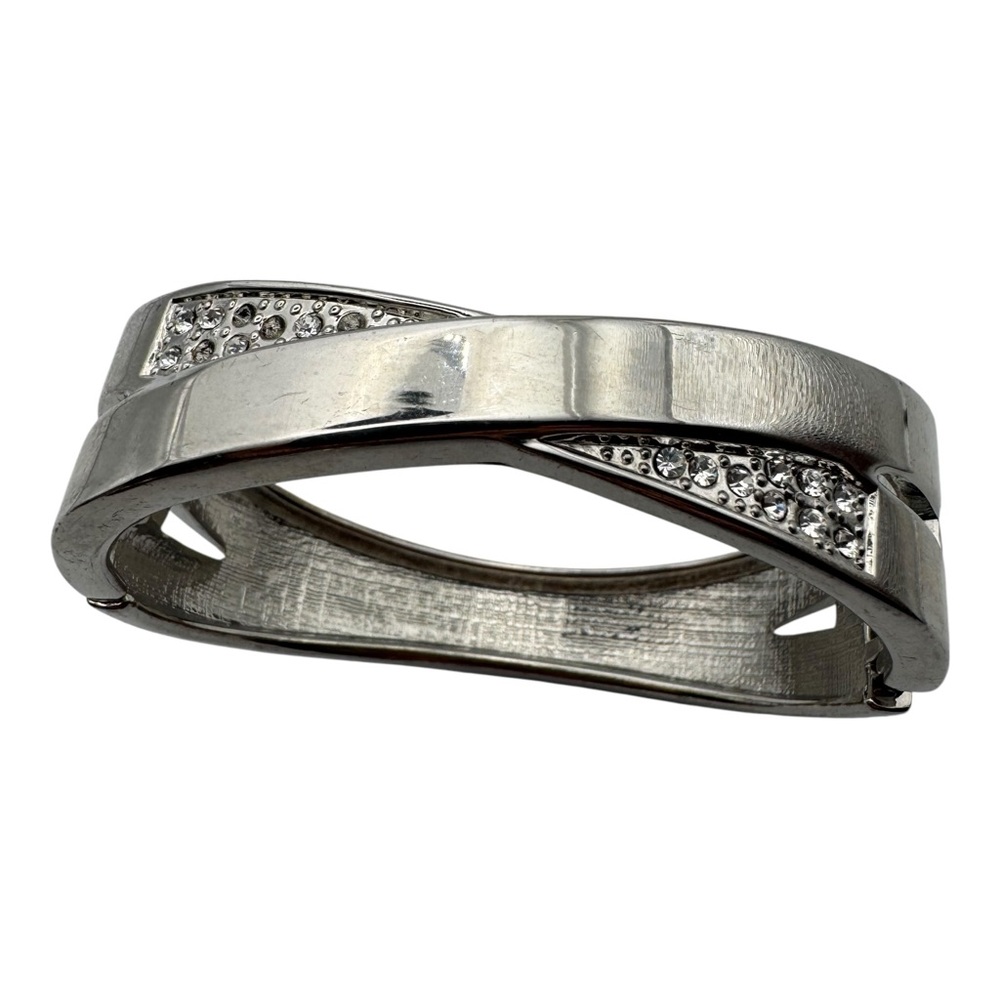 Silver-Tone Crossover Hinged Bangle Bracelet‎ with Rhinestone Accents